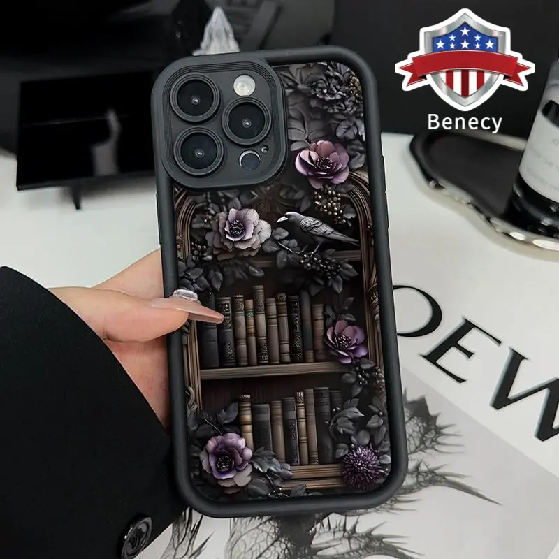 Soft Case for iPhone 16 15 14 Pro Max 13 12 11 XR XS Plus E Floral Bookshelf TPU Bumper Camera Lens Protection Rugged Durable Phone Cover for Girl