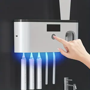 Smart Toothbrush Holder with Toothpaste Dispenser, Wall-Mounted Design, 5 Slot Organizer, USB Rechargeable, Long Battery Life and Sanitizing Feature