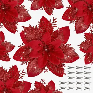 15 count Poinsettia Flower Artificial Poinsettia with Clips Christmas Decor Glitter Poinsettia Christmas Ornaments Christmas Tree Flower Decorations with Stems DIY Xmas Wreath Holiday  Party Decor