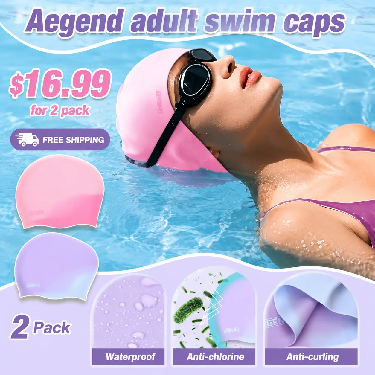 Aegend Unisex Braided Odorless Silicone Aquatic Swimming Cap - 3D Snug Fit, Elastic Stretch, Durable, Tear-Resistant, Asymmetrical Ergonomic Shaping, All Seasons, No Deformation, Long Hair Swim Space, Stretch-On No Fuss Easy On/Off for Adults (4 Colors)