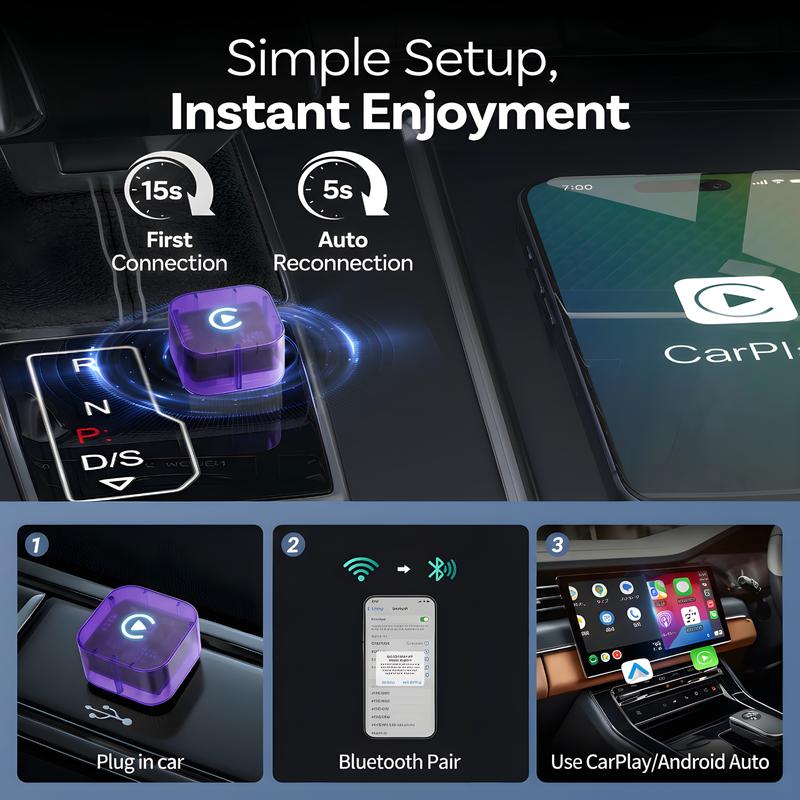 2in1 2026 Wireless CarPlay Adapter Receiver + Android Auto - Compact 21mm mini size , Quick Pairing, Plug & Play, Stable Navigation/Music/Calls, usb -A & USB-C design android-fast connection