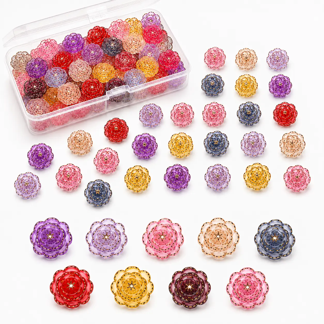 100Pcs 17mm Acrylic Rose Flower Beads, Mixed Color Carved Floral Beads with Gold Foil Accents and Storage Box for DIY Bracelets, Necklaces and Jewelry Making handmade craft supply