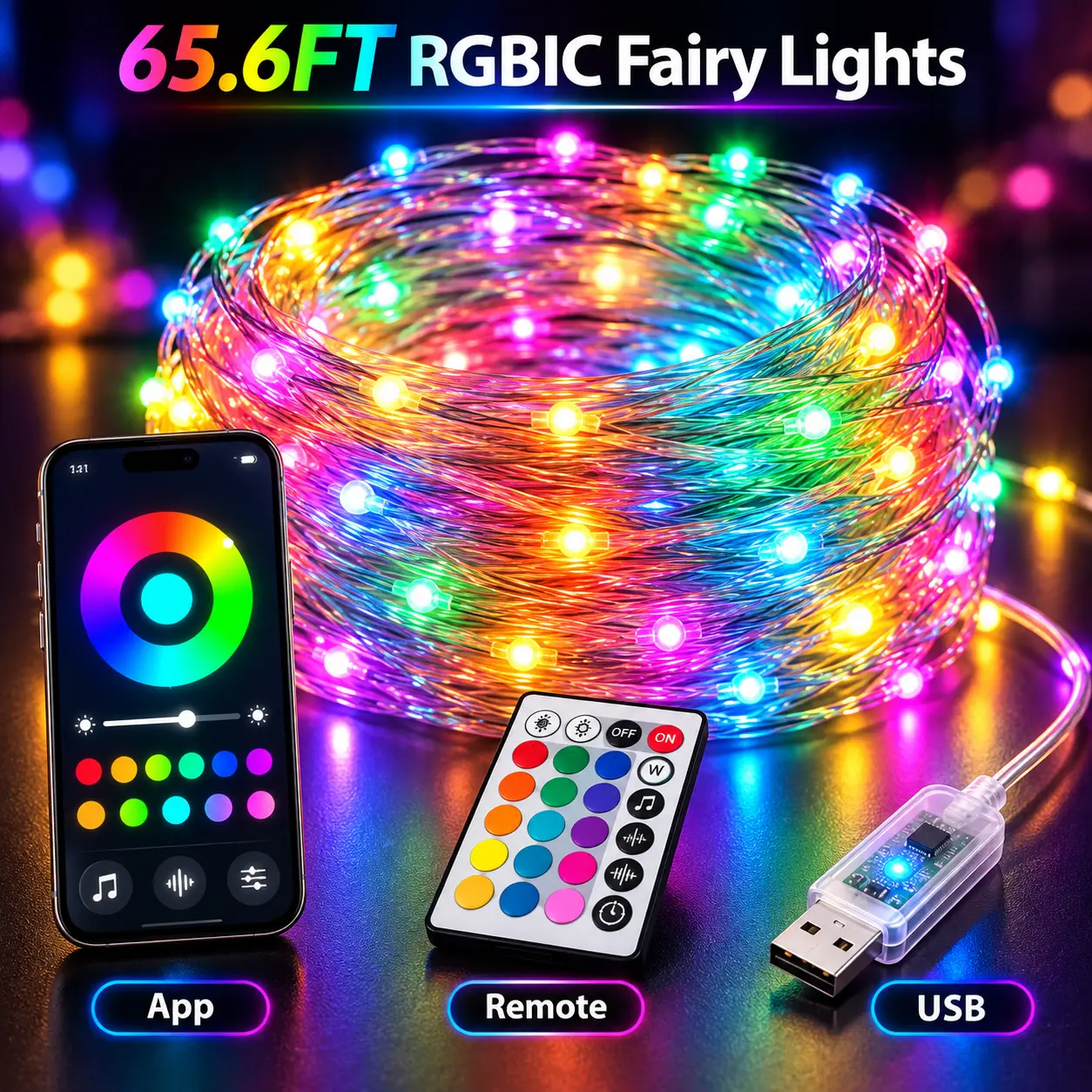 65.6FT RGBIC Smart Fairy Lights, App & Remote Control USB Plug-In Color Changing LED Fairy Lights, Music Sync Waterproof Mood Lighting for Bedroom, Garden, Party, Halloween and Holiday Decor