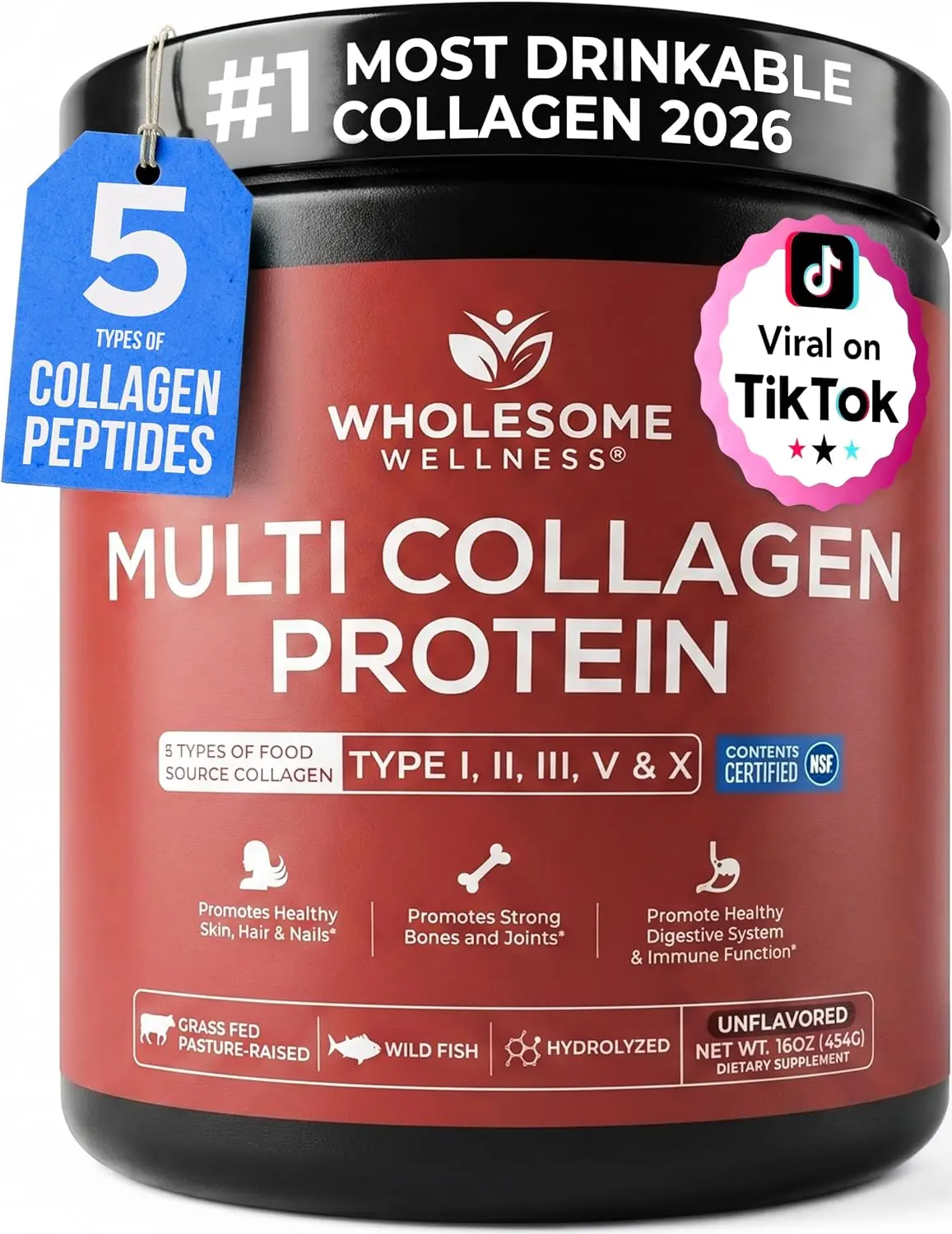 Wholesome Wellness Premium Multi Collagen Peptides Protein Powder for Women and Men, 5 Types of Hydrolyzed Collagen, Grass-Fed, Non-GMO & Unflavored, Pure Protein for Youthful Skin & Joint Recovery