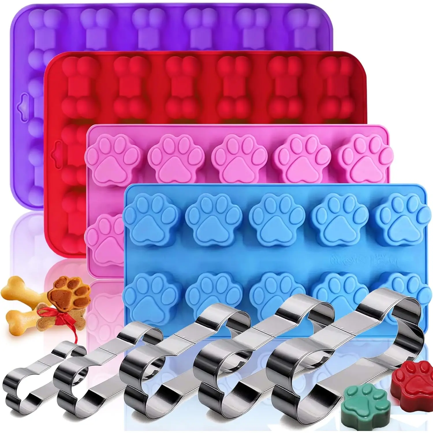 9Pcs/Set Silicone Molds Puppy Dog Paw and Bone,Silicone Dog Treat Molds and 5 Stainless Steel Bone Cookie Cutter,for Chocolate,Candy,Jelly,DogTreats,Halloween Party Gifts,DIY Hand Tools Kits