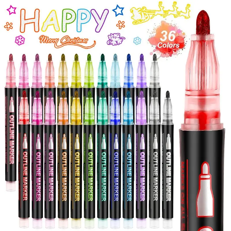 8/12/24/36/48 Colors Double Line Outline Art Pen Marker Pen Diy Graffiti Outline Marker Pen Highlighter Scrapbook Diary Poster Card, Coloring Supplies Art Marker Pens