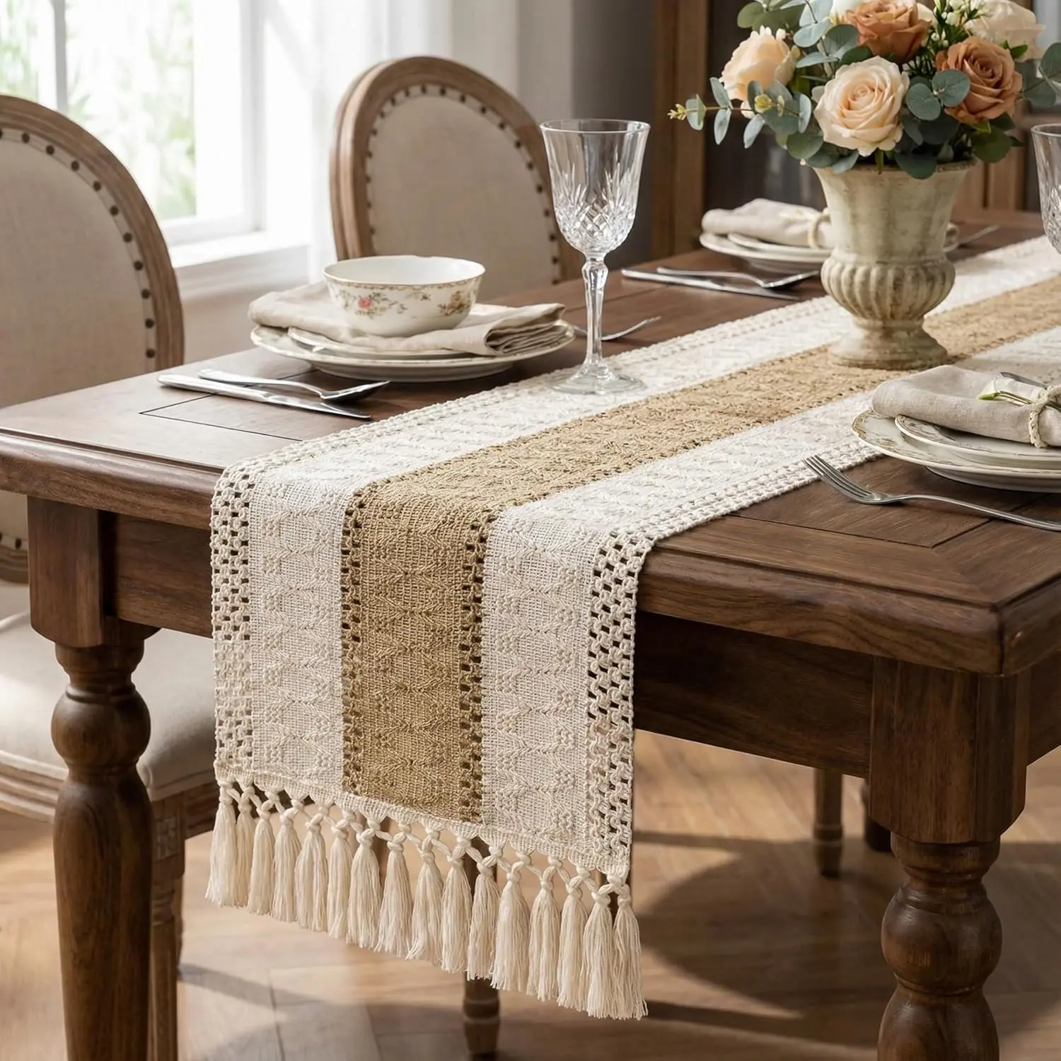 Boho Table Runner Summer Farmhouse Rustic Macrame Seasonal Long Woven Cotton Linen Small Coffee Dining Kitchen Table Runner for Dresser Scarf Holiday Home Decor Ivory and Burlap, 30×183 cm / 12x72 in