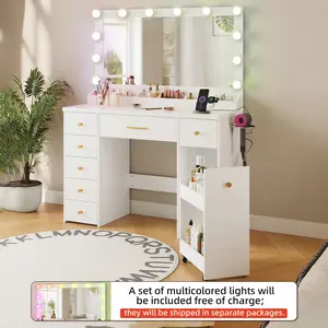【Summervibes】49.3-inch Extra-Large Dressing Table with Lighted Mirror, 12 Tri-Color Hollywood Bulbs, Plus a Complimentary Multi-Color Light Set, Featuring 7 Drawers and a Pull-Out Two-Tier Storage Cabinet, Bedroom Vanity Mirror, Girls'/Women's (White)