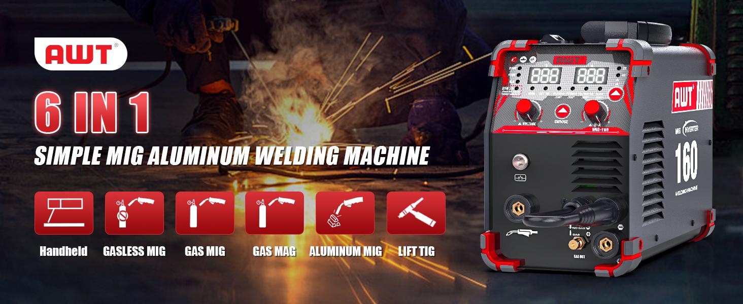 AWT MIG-160 6-in-1 Multi-Process Welder, 160A Dual Voltage 110V/220V Aluminum MIG Welder, Gas MIG, Flux MIG, Stick, Lift TIG, Digital Display Synergic Welding Machine for DIY & Metal Fabrication