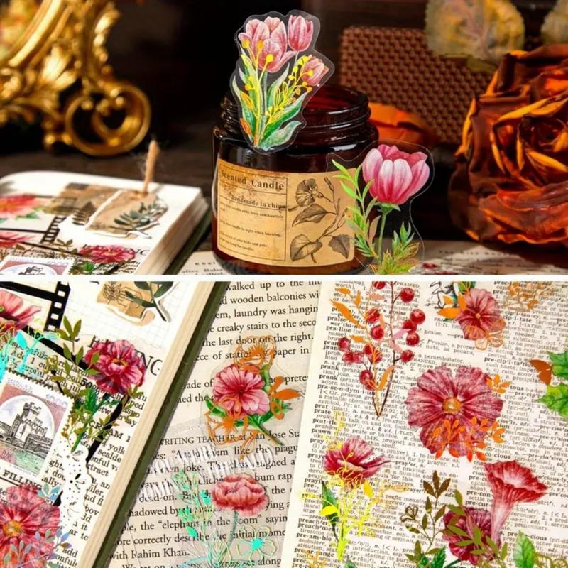 1Set 240PCS Holographic Golden Foil Plant Stickers,Transparent Shiny Plant Stickers,Holographic Design Glitter Flower Book Stickers,Multi-purpose Application,Suitable for Diaries,Notes, Christmas Resin Art Decoration