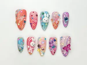 Kawaii Bunny Press On Nails | 3D Cute Rabbit & Star Nails | Rainbow Pastel Swirl Nail Art | Handmade Kawaii Nail | Fun Handmade Nail