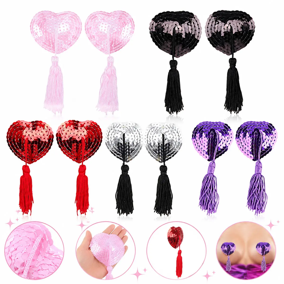 Reusable Silicone Heart Breast Pasties, Sequins Tassel Nipple Cover Stickers, Adhesive Boob Tassels for Women, Sexy Bra Accessories for Backless Dress, Swimwear, Party Beach Bikini Day