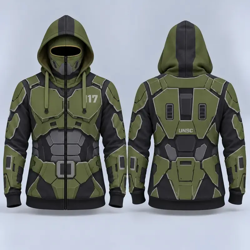 Sci-Fi Master Chef Armor Hoodie, Full Zip Face Mask Sweatshirt, Olive Green Graphic Cosplay Hoodie, Unisex Streetwear Costume Jacket
