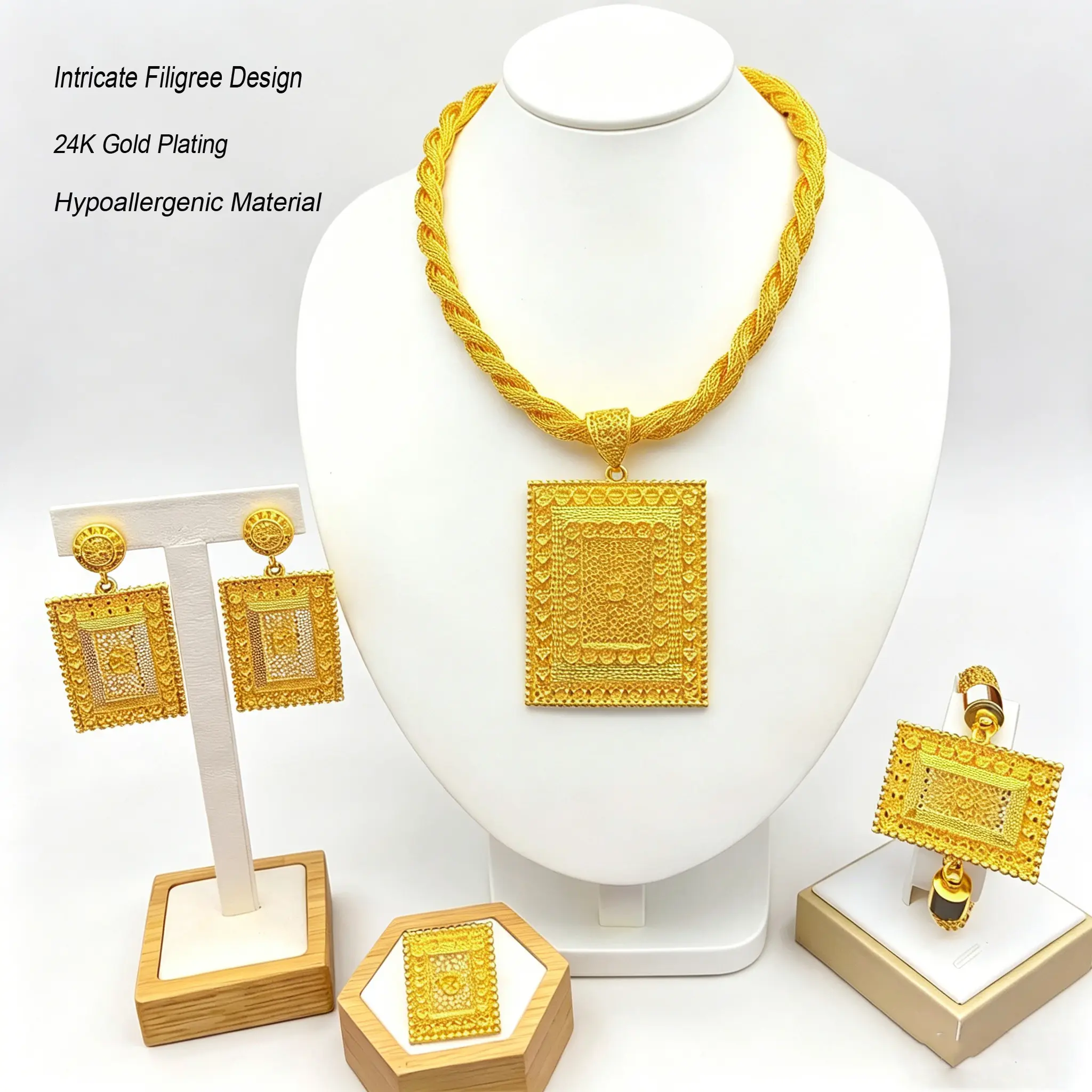 Elegant 4-Piece Jewelry Set for Women, Gold-Plated with Geometric Rectangle Pendant Necklace, Drop Earrings, Bracelet, and Ring, Elegant Jewelry Set, Matching Jewelry Set