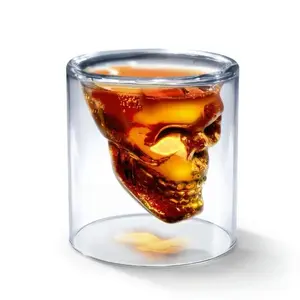 Skull Shot Glass, Double Wall Borosilicate Glass, 2.75oz Clear Whiskey Glass, Spooky Halloween Party Cup, Novelty Barware for Whiskey, Tequila, Cocktails, Unique Gift for Men