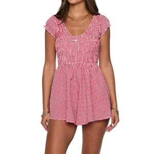 Women Loose Playsuits Ladies Female Plaid Front Bowknot Short Sleeve Rompers Summer Short Jumpsuits Womenswear Bodysuits Streetwear