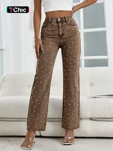 Women's Fashion Casual Denim Trendy Pearl Design Elastic Comfort Wide Leg Pants, Elegant Long Trousers for All Seasons Bottom