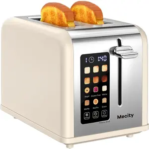 2 Slice Touch Screen Toaster, 1.5" Wide Slot, Steel Smart Toaster for Bagels, Muffins, Waffles, GlutenFree Breads, Defrost, Reheat, Timer, 120V 825W, Cream Color