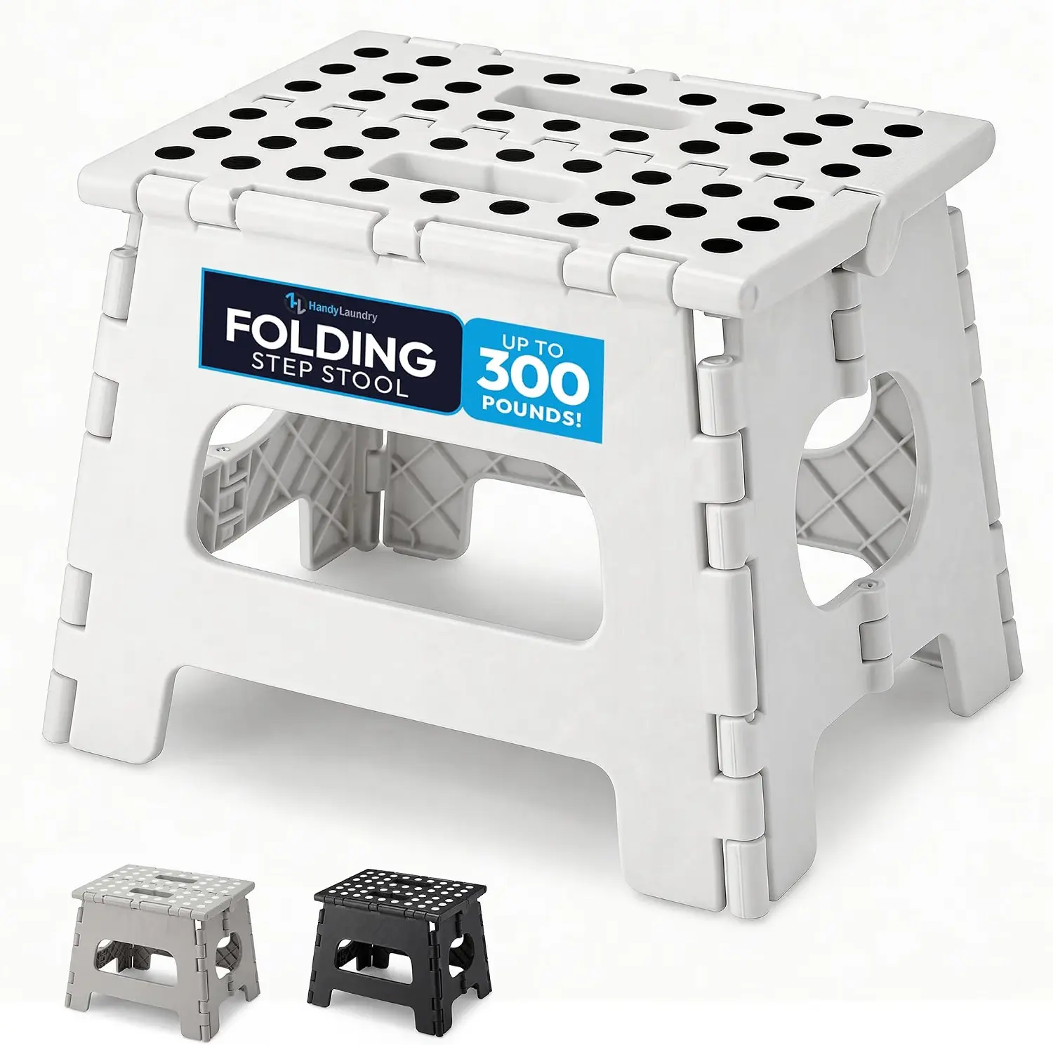 Handy Laundry Folding Step Stool 8 Inch, White, Non-Slip Holds 300 lbs Foldable Collapsible Step Stool, Non-Slip, Holds 300 lbs, Kitchen Bathroom Bedroom, Adults