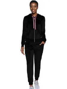 MC AMP Velour Zip Front Logo Hoodie - Black Velvet Track Jacket with Pink Zipper and Hood