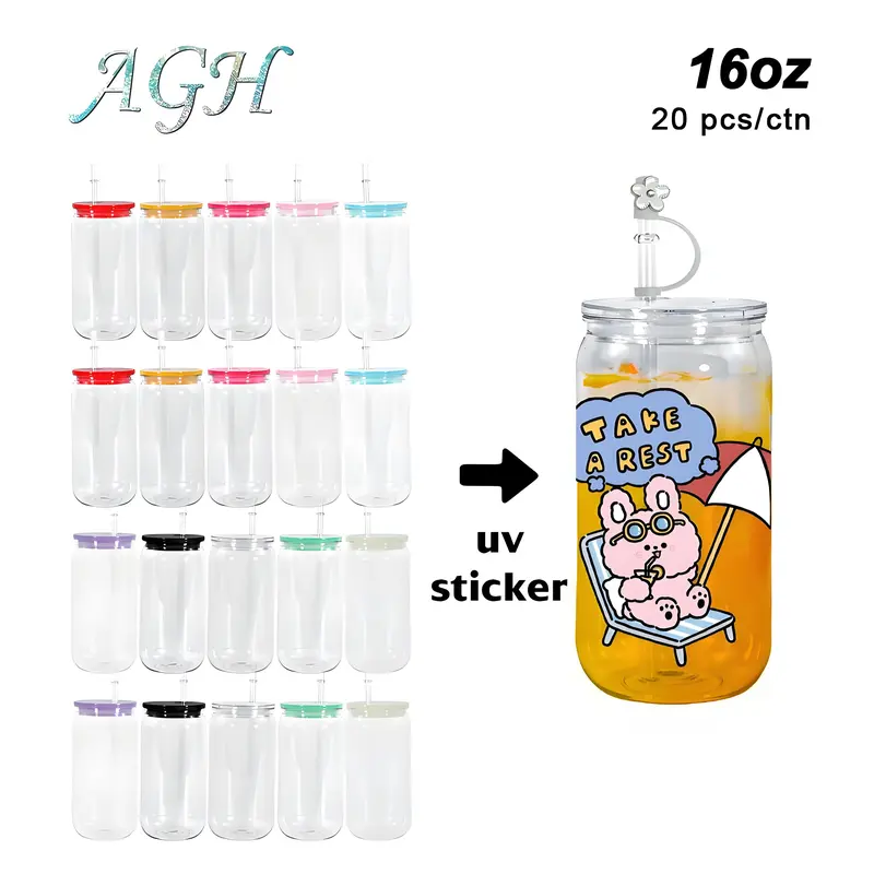 AGH 16 oz 20pcs Single-Wall Acrylic Cup with Silicone Straw Topper/Cover Clear Plastic Colorful Jar Can for DIY UVDTF Drinkware water bottle Halloween