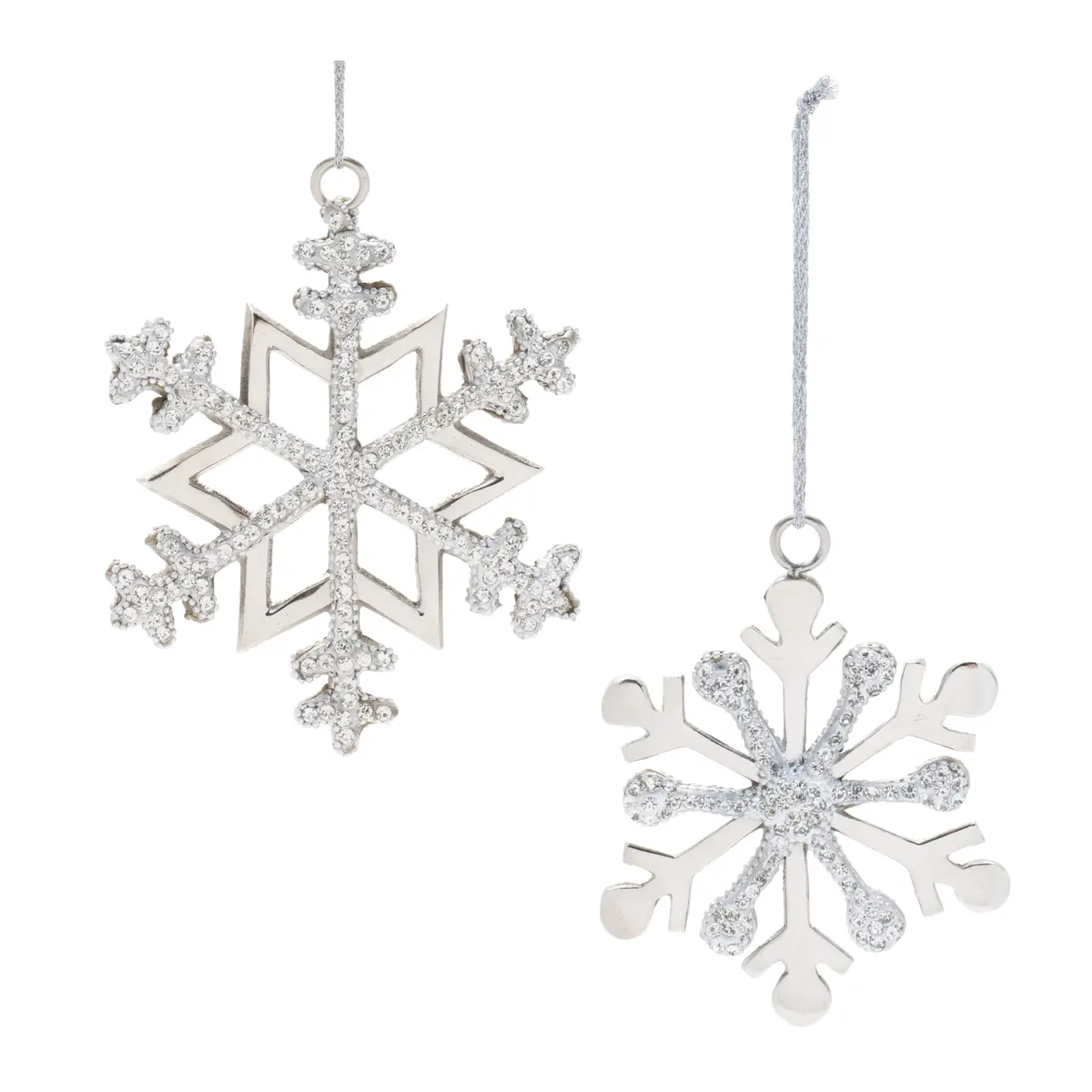 Melrose 94193DS Traditional Silver Aluminum Christmas Snowflake Hanging Ornaments (Set of 2) - 5 & 5.5 in, 360 Degree Rotatable Stand, Chic Lacquer Finish, Hanger, Jewel Beads, 1.14 lbs, Classic Hanging Decoration for Home Holiday Decor & Gifting