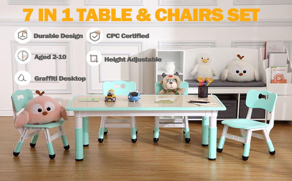 GARVEE Adjustable Table & 6 Chair Set for Home & Classroom Use, Ergonomic Design, Eco-Friendly Materials, Supports Up to 300lbs, Perfect for Arts & Crafts, Suitable for Ages 2-10, Height Adjustable for Comfort.
