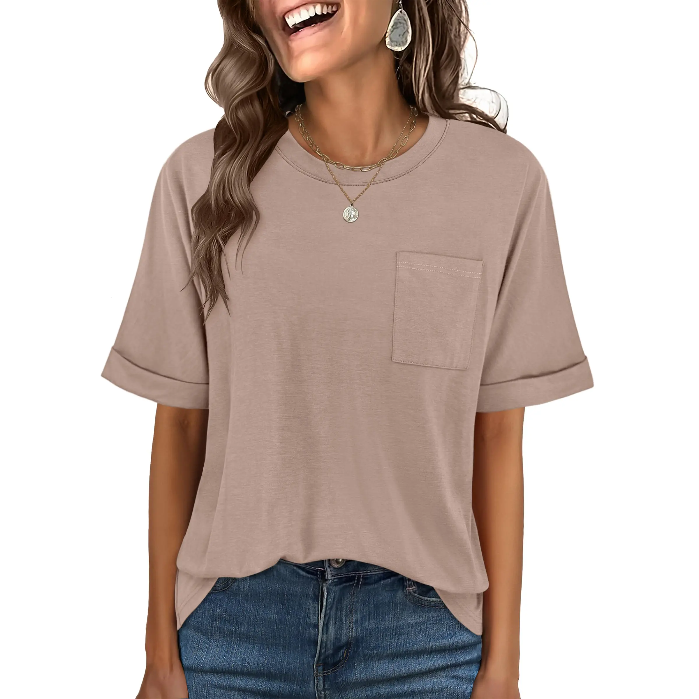 ANRABESS Women Oversized T Shirts Short Sleeve Summer Casual Loose Top Basic Tee with Pocket  Minimalist Crewneck Tshirt