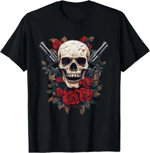 Skeleton Roses - Guns Rock Music Skull Rose T-Shirt - 100% Cotton Unisex Casual Short Sleeve Tee, Slightly Elastic Round Neck,All-Season Comfort,Halloween Costume