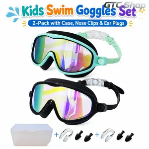 2 Pack Boys Girls Colorful Kids Swim Goggles Anti Fog UV Protection Leakproof Soft Silicone Eyewear Complete Swim Gear With Nose Clip Earplugs Adjustable Comfort Fit Ideal For Pool Beach Water Park Outdoor Water Sports Daily Swimming Entertainment