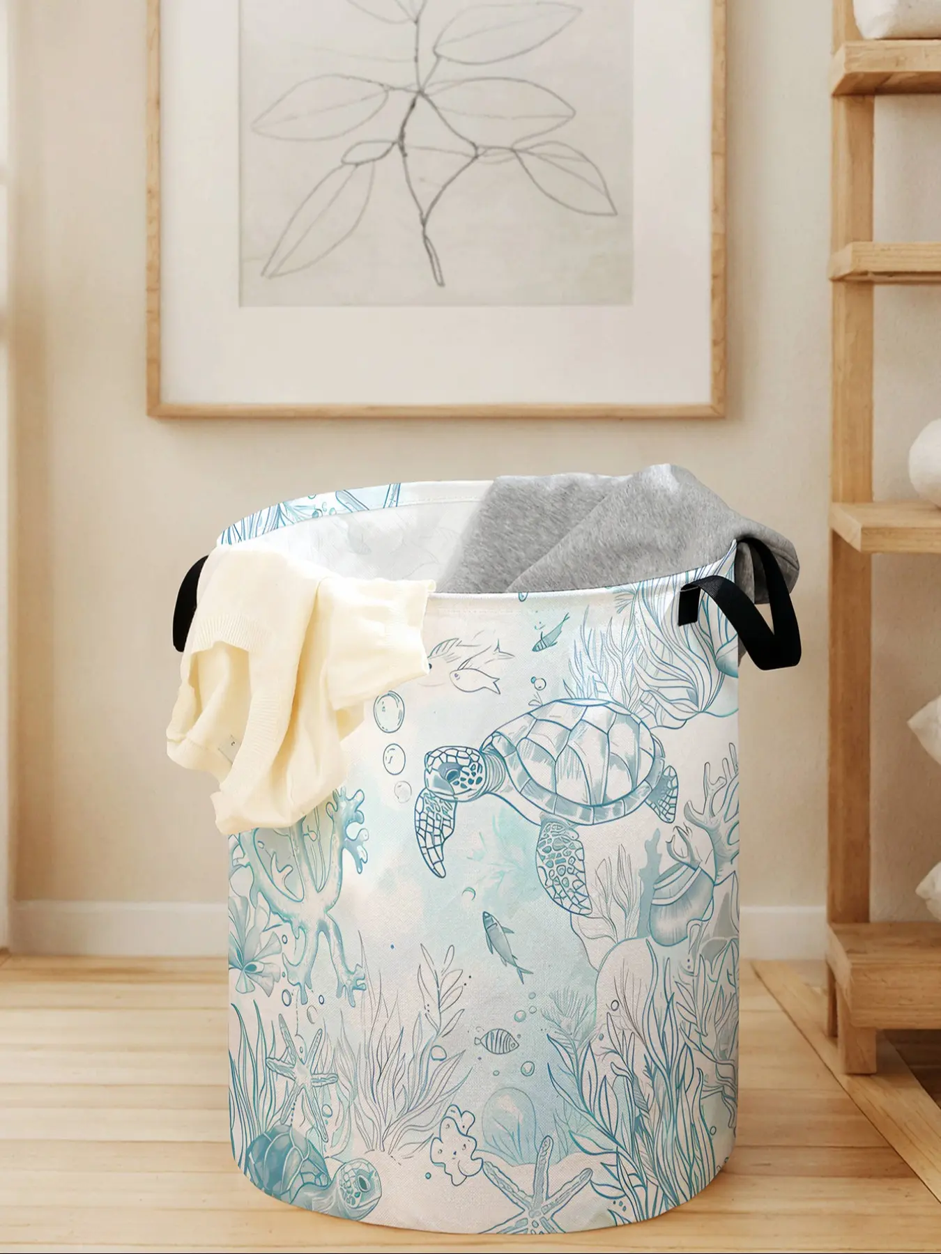 Ocean Life Print Folding Laundry Hamper with Handle, Portable Storage Basket, Laundry Baskets, Durable Foldable Clothes Storage Bin, Large Capacity Toy Organizer, Laundry Organizers and Storage for Home Use