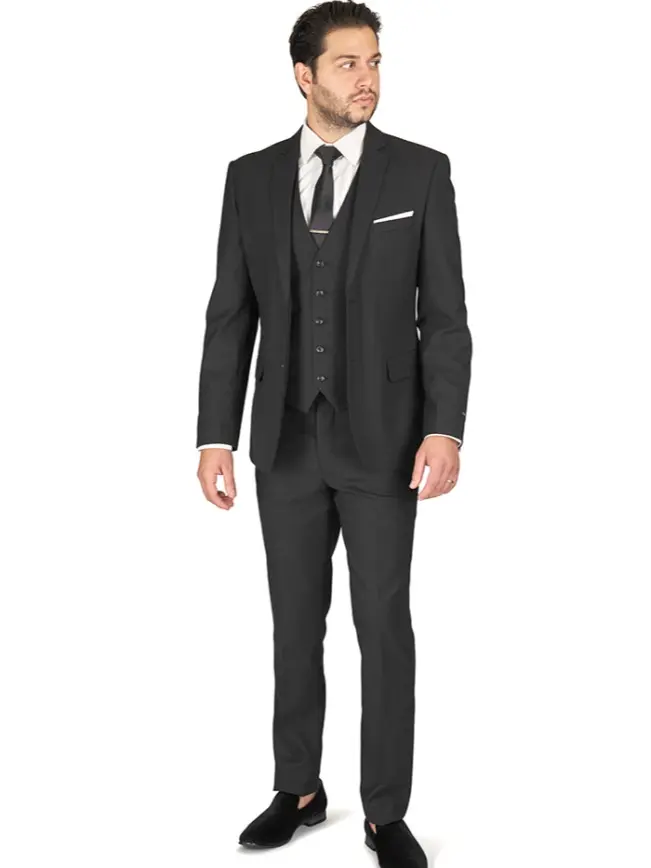 Slim Fit Black Micro Textured Weave Men's Suit 2 Button Notch Lapel Flat Front Pants Vest Optional AZARMAN