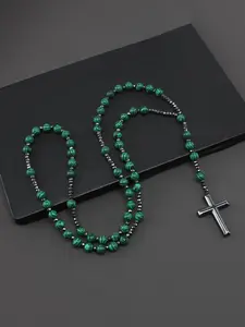 Green Beaded Rosary Necklace, Stainless Steel Cross Pendant Necklace for Men & Women, Fashion Jewelry Design for Party, Daily Decor, Trendy All-match & Exquisite Jewelry for Birthday Gift