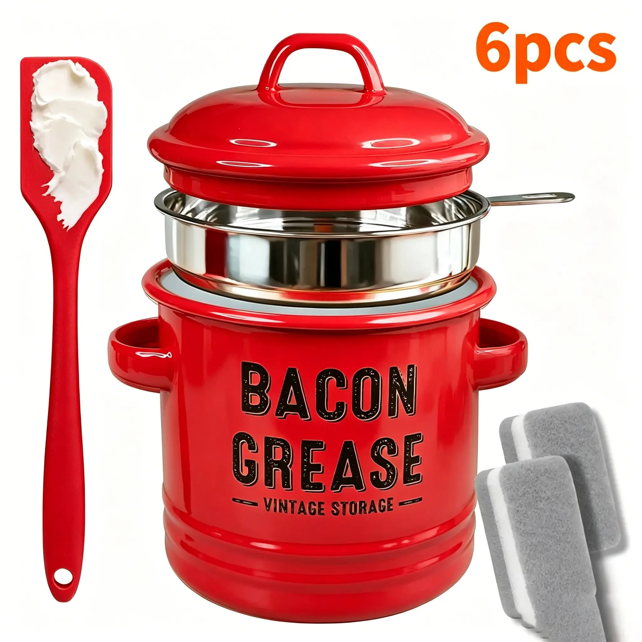 Large Enamel Rustic Farmhouse Bacon Grease Enamel Pot with Strainer Set, Lid, Food-Grade Silicone Spatula, Silicone Brush, Kitchen Oil Dispenser - Essential Kitchen Utensil & Gadget