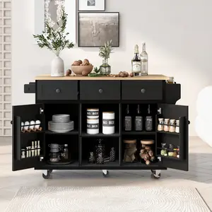 ARCH Kitchen Cart with Rubber wood Drop-Leaf Countertop ,Cabinet door internal storage racks,Kitchen Island on 5 Wheels with Storage Cabinet and 3 Drawers for Dinning Room, Black