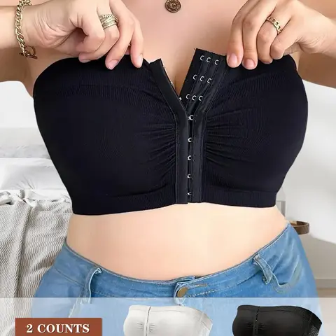 1/2/3/5pcs Supportive Elegant Plus Size Bandeau Bra with Adjustable Front Buckle | Stay-Up Strapless Bra for Curvy Women