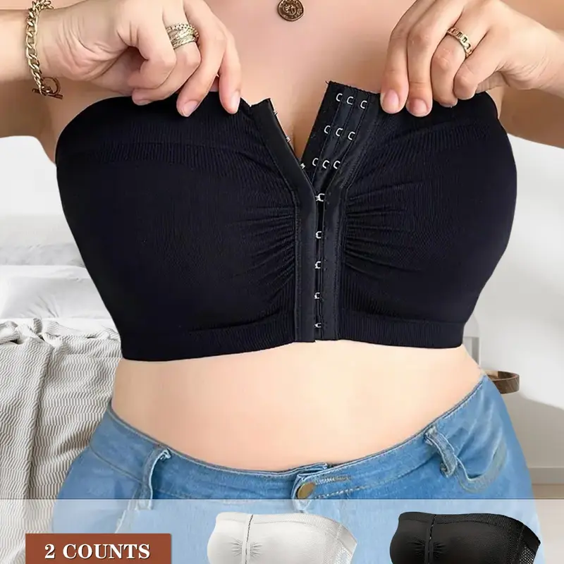 1/2/3/5pcs Supportive Elegant Plus Size Bandeau Bra with Adjustable Front Buckle | Stay-Up Strapless Bra for Curvy Women