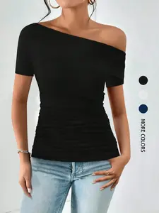Women's Plain Asymmetrical Neck Tee, Casual Short Sleeve T-shirt for Summer, Women's Top for Daily Wear, Tops for Women, Tshirt, Lady