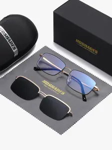 HDSHADES Unisex 2-in-1 Magnetic Clip On Versatile Full Frame Glasses, Anti-Blue Light Polarized Portable Square Frame Glasses UV400