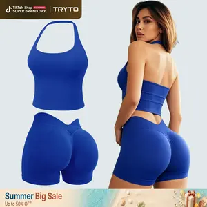 TRYTO Two Pieces suit Impact Halter Top & V-Back Scrunch Shorts  High Support Butt Lifting Gym Yoga Activewear Set