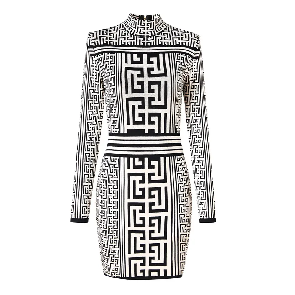 Women New Fall Collection Vintage Geometrical Pattern Breif Design Daily Wearing Casual Knitting High Quality Dressa