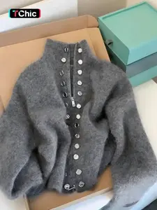 Elegant Women's Knitted High Neck Long Sleeve Cardigan, with Ribbed and Faux Button Detail, Perfect for Spring & Fall Fashion