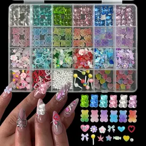 1 box of resin nail accessories, colorful lollipops, teddy bears, bows, nail accessories, cute fruits, pearls, DIY handicrafts