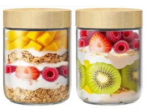 2 Pack 16oz Glass Jars with Bamboo Lids, Overnight Oats Containers with Airtight Lids, Storage Containers Wide Mouth Mason jars for Salad,Yogurt, Sugar, Snacks, Spices