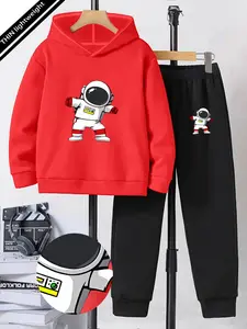 Boys' Ootd Fall New Astronaut Hoodie Set, 5-14 Years, Cartoon Space Two-Piece, Casual Sportswear, Fitted, Random Print