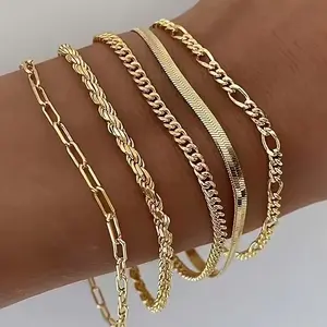 KC Gold 5PC Bracelet Set for Women Cuban Chain Bow Design Dainty Bands Punk Style Jewelry Perfect Gifts for Halloween Parties Autumn Winter Outfits