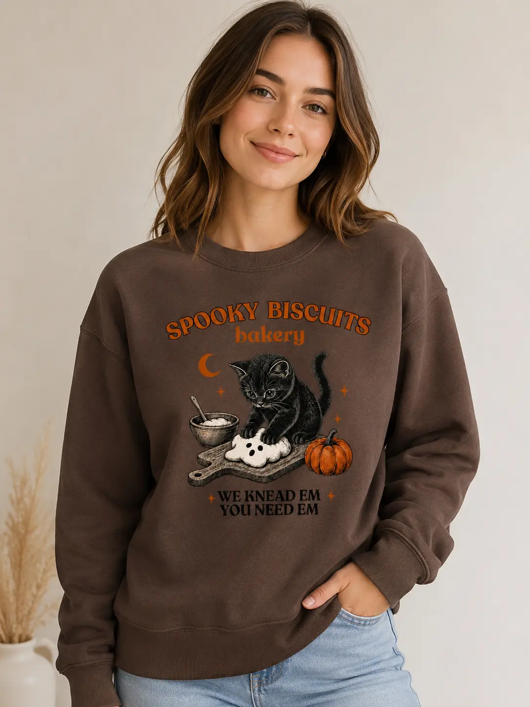 Spooky Biscuits Cat Sweatshirt, Cute Halloween Kitten Pumpkin Graphic, Cozy Fall Crewneck, Cat Lover Gift