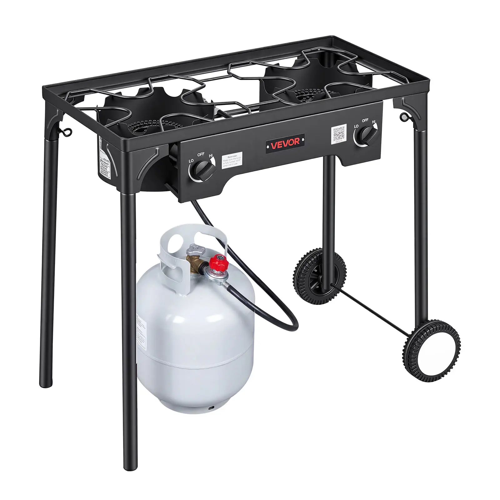 VEVOR 2-Burner Propane Stove, 150,000 BTU Heavy-Duty Outdoor BBQ Grill, Portable Carbon Steel Camping Kitchenware with Wheeled Base for Backyard Cooking, Large Cookware Fits, Portable Kitchen