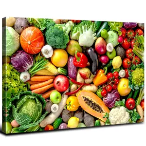 Kitchen Wall Decor Vintage Green Food Wall Art Fresh Vegetable Pictures for Dining Room Colorful Fruit Canvas Prints Framed Artwork Modern Restaurant Table Living Room Office Home Decorations