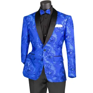Mens Slim Fit Shiny Floral Sequin Prom Tuxedo Dinner Jacket in Royal Blue
